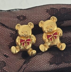 Vintage Avon Teddy Bear Earrings Gold Tone Red Bow Cute Novelty 1"